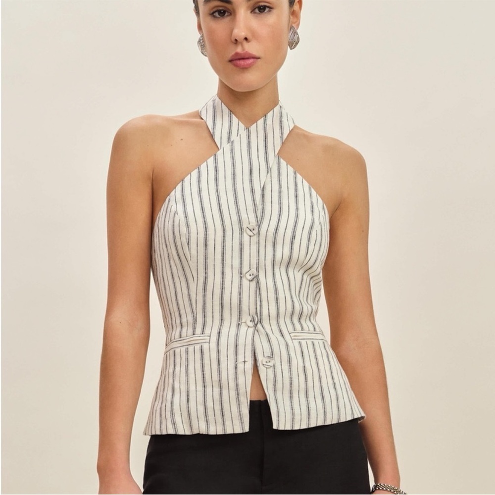 NWT Reformation Tate 100% Linen Elsie Halter White/Black Striped Top Size 8